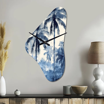 Vintage Blue Palm Trees Shadows II - Asymmetric Metal Wall Clock